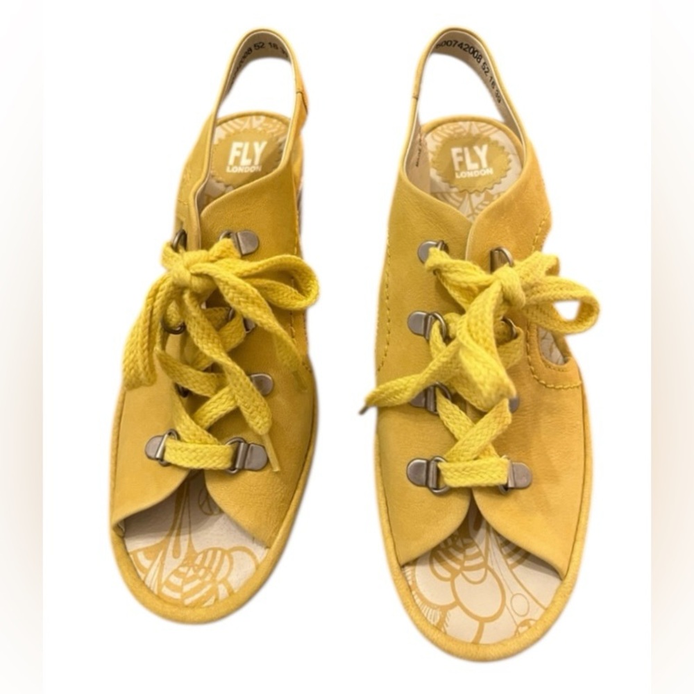 NWOT Fly London Yifa Nubuck leather yellow lace up fancy heeled sandals